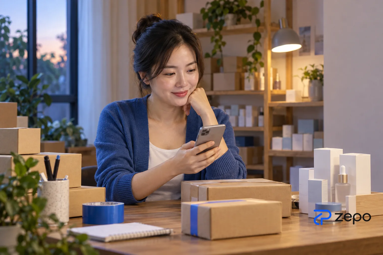 Chủ shop mỹ phẩm online xem tin nhắn khách trên điện thoại bên bàn đóng gói hàng buổi tối