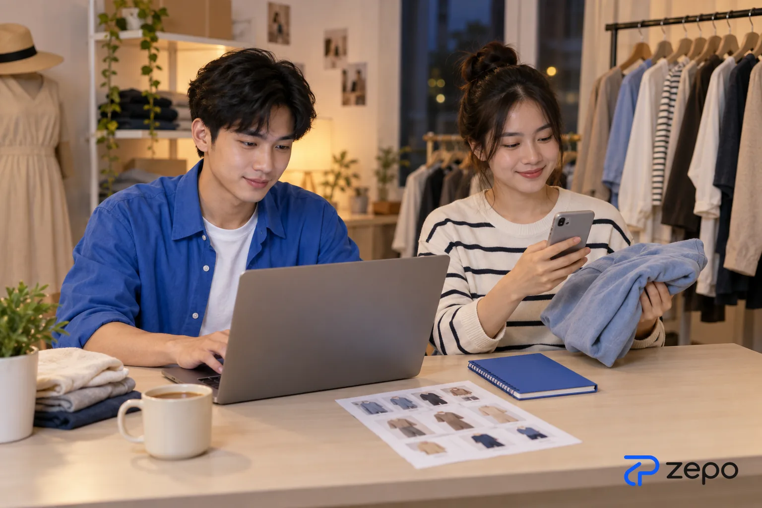 Hai nhân viên shop thời trang nhỏ trả lời tin nhắn khách trên laptop và điện thoại buổi tối