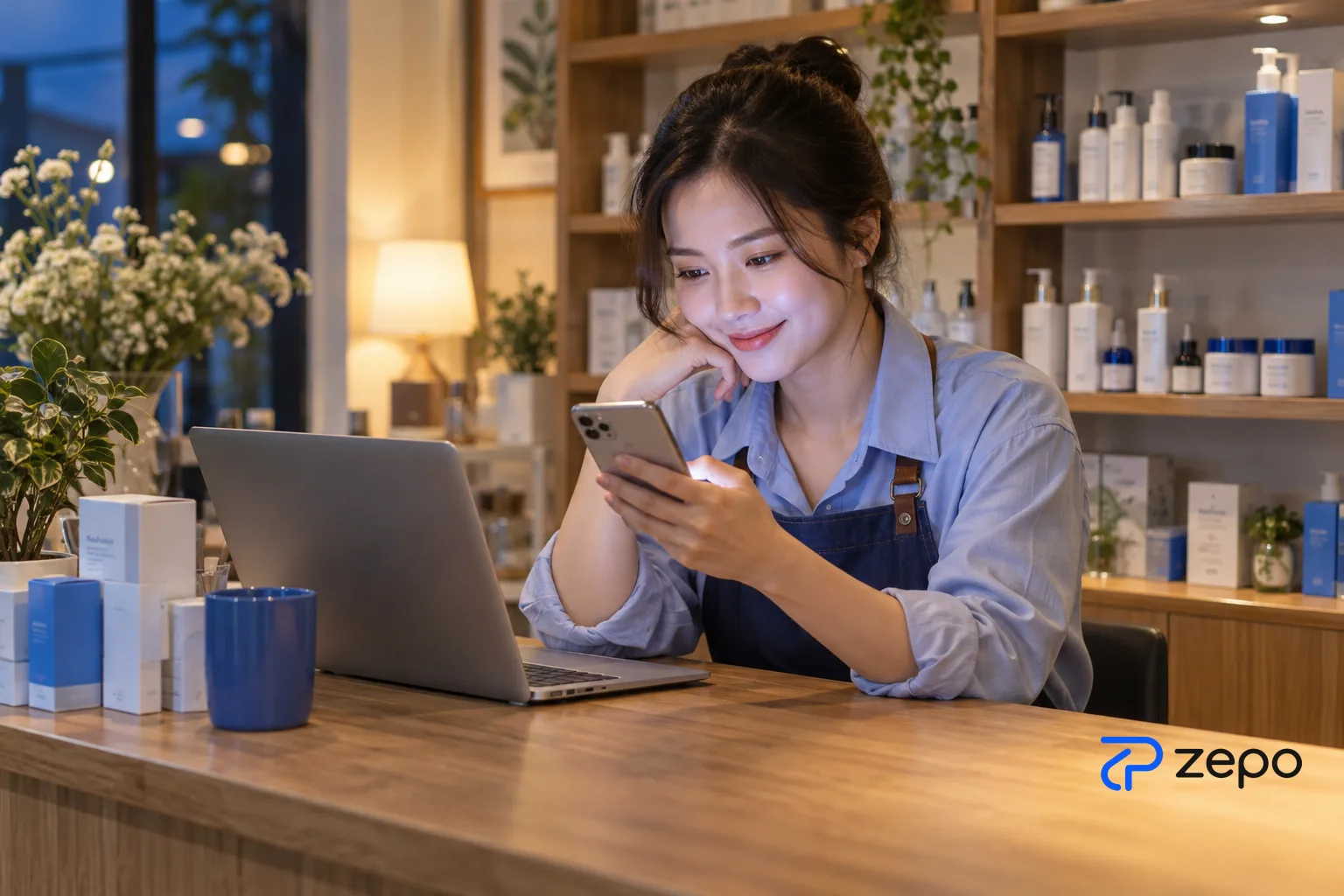 Chủ shop mỹ phẩm đọc tin nhắn của khách trên điện thoại tại quầy vào buổi tối