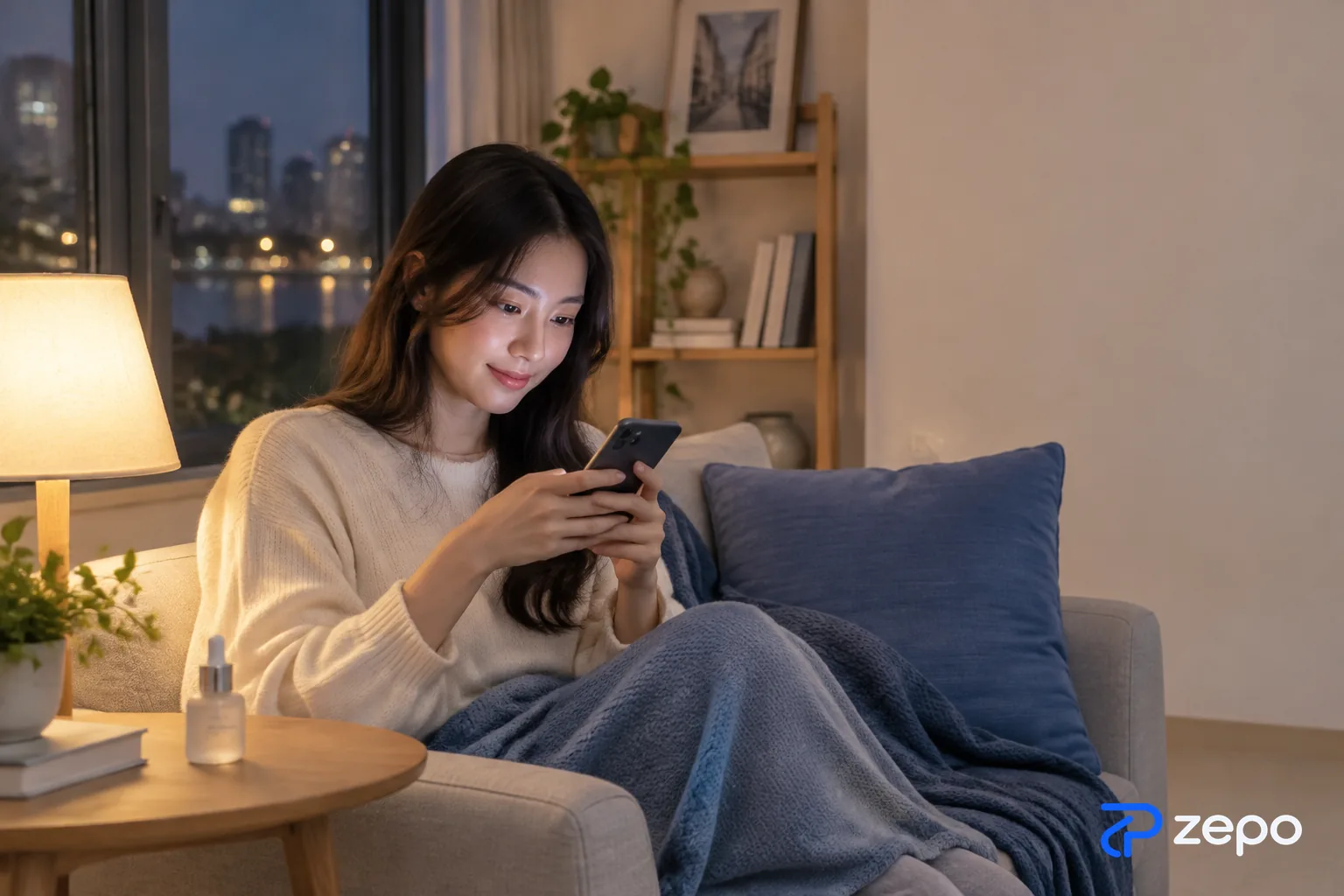 Cô gái ngồi trên sofa buổi tối, gõ câu hỏi trên điện thoại