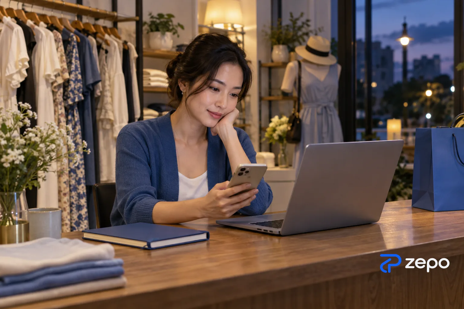 Chủ shop thời trang xem tin nhắn khách trên điện thoại tại quầy vào buổi tối