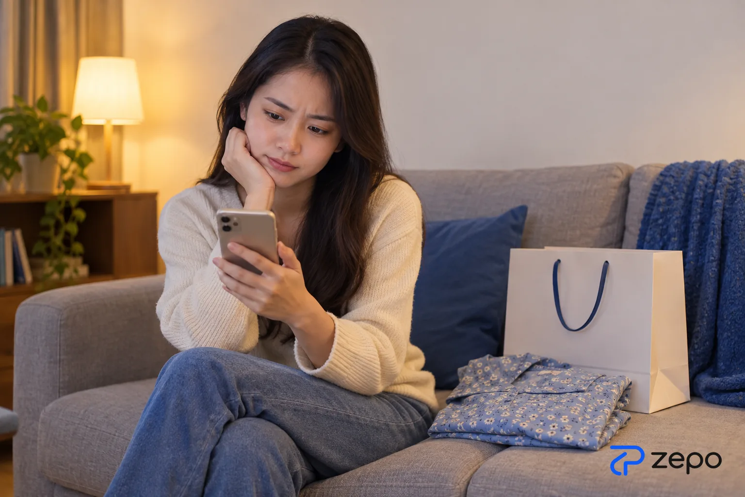 Khách hàng ngồi trên sofa, nhíu mày khi nhắn tin hỏi shop trên điện thoại