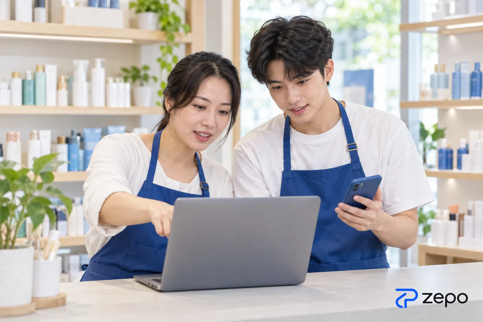 Hai nhân viên cửa hàng mỹ phẩm cùng xem lại tin nhắn của khách trên laptop và điện thoại