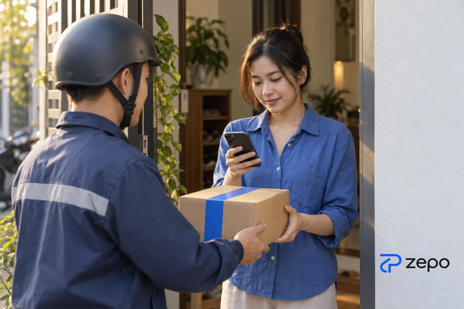 Người mua cầm điện thoại đối chiếu đơn hàng khi nhận gói hàng từ nhân viên giao hàng trước cửa nhà