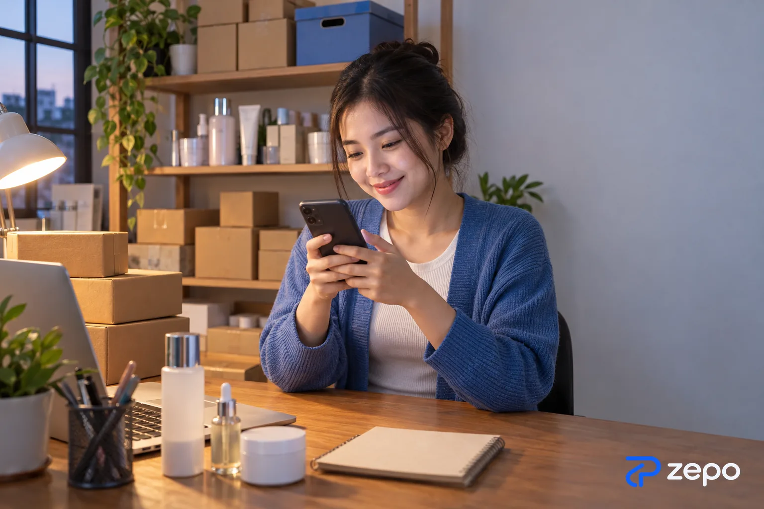 Chủ shop mỹ phẩm online trả lời tin nhắn khách hàng buổi tối bên bàn làm việc giữa các thùng hàng