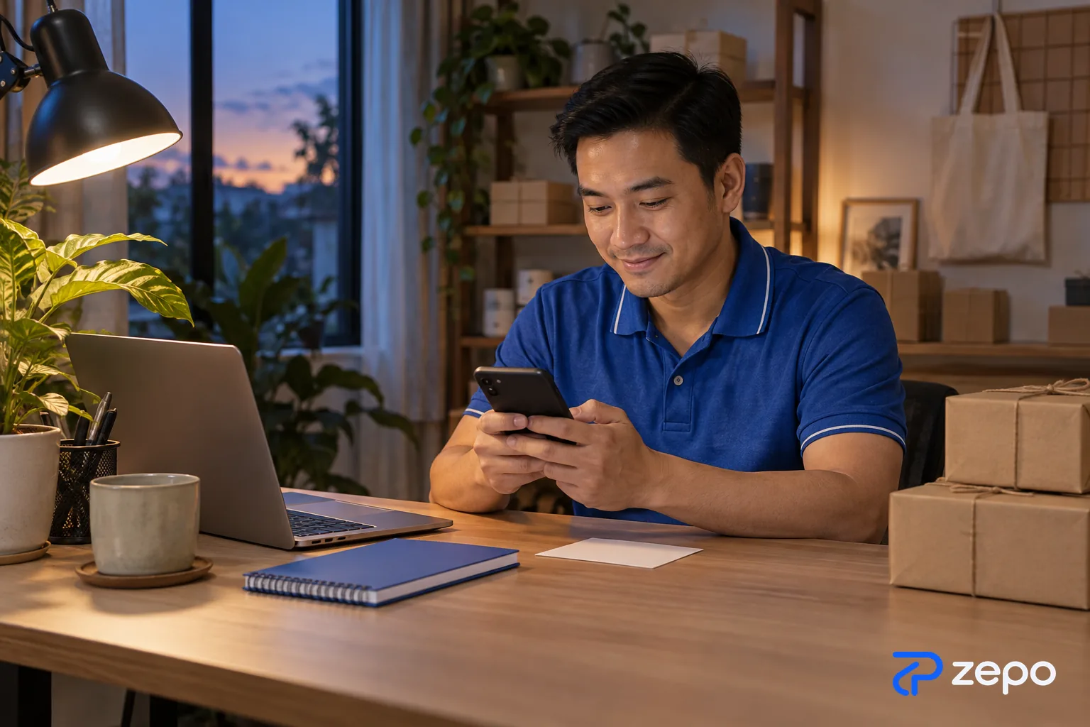 Chủ shop nhỏ trả lời tin nhắn của khách trên điện thoại vào buổi tối
