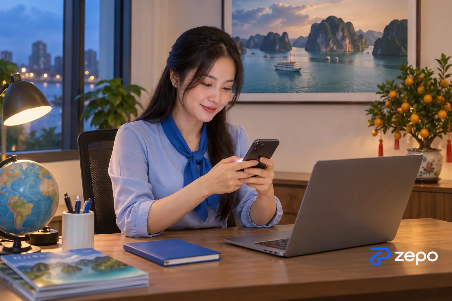 Nhân viên công ty du lịch trả lời tin nhắn khách trên điện thoại vào buổi tối, bên cạnh cây quất ngày Tết