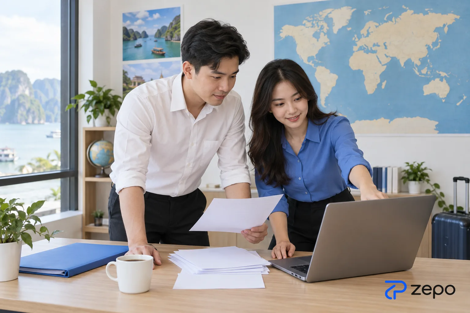 Hai nhân viên công ty du lịch cùng xem bảng lịch tour Tết trên giấy và máy tính
