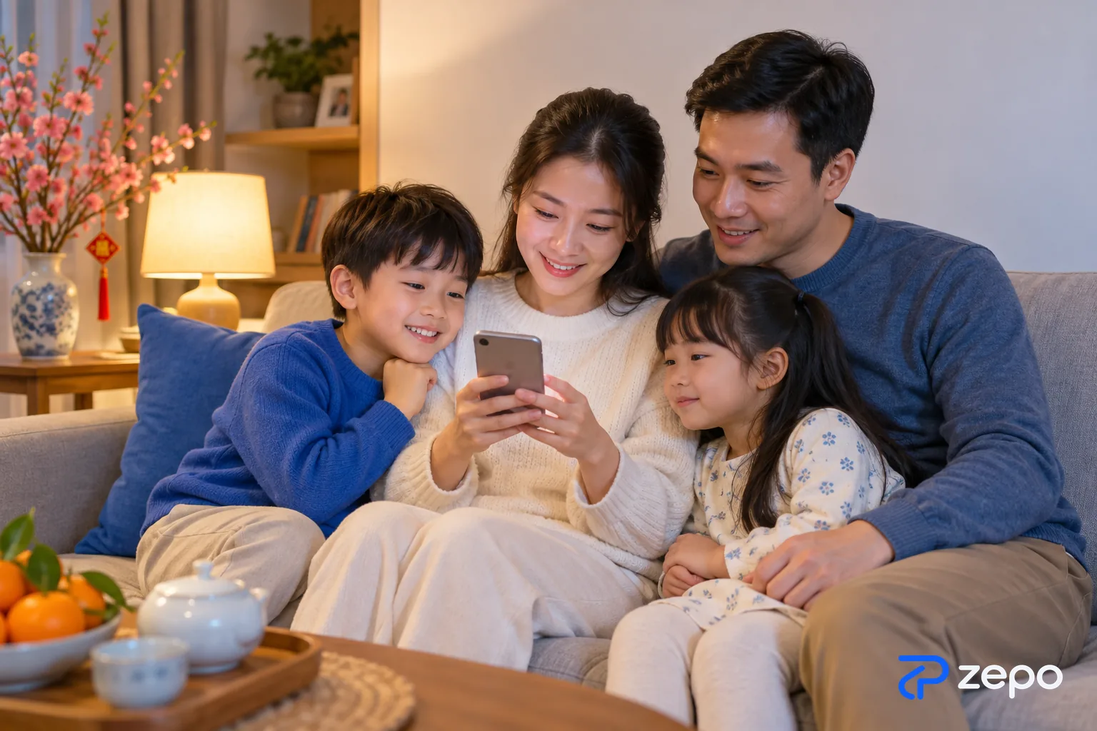 Gia đình bốn người ngồi trên sofa cùng xem điện thoại để chọn tour du lịch Tết