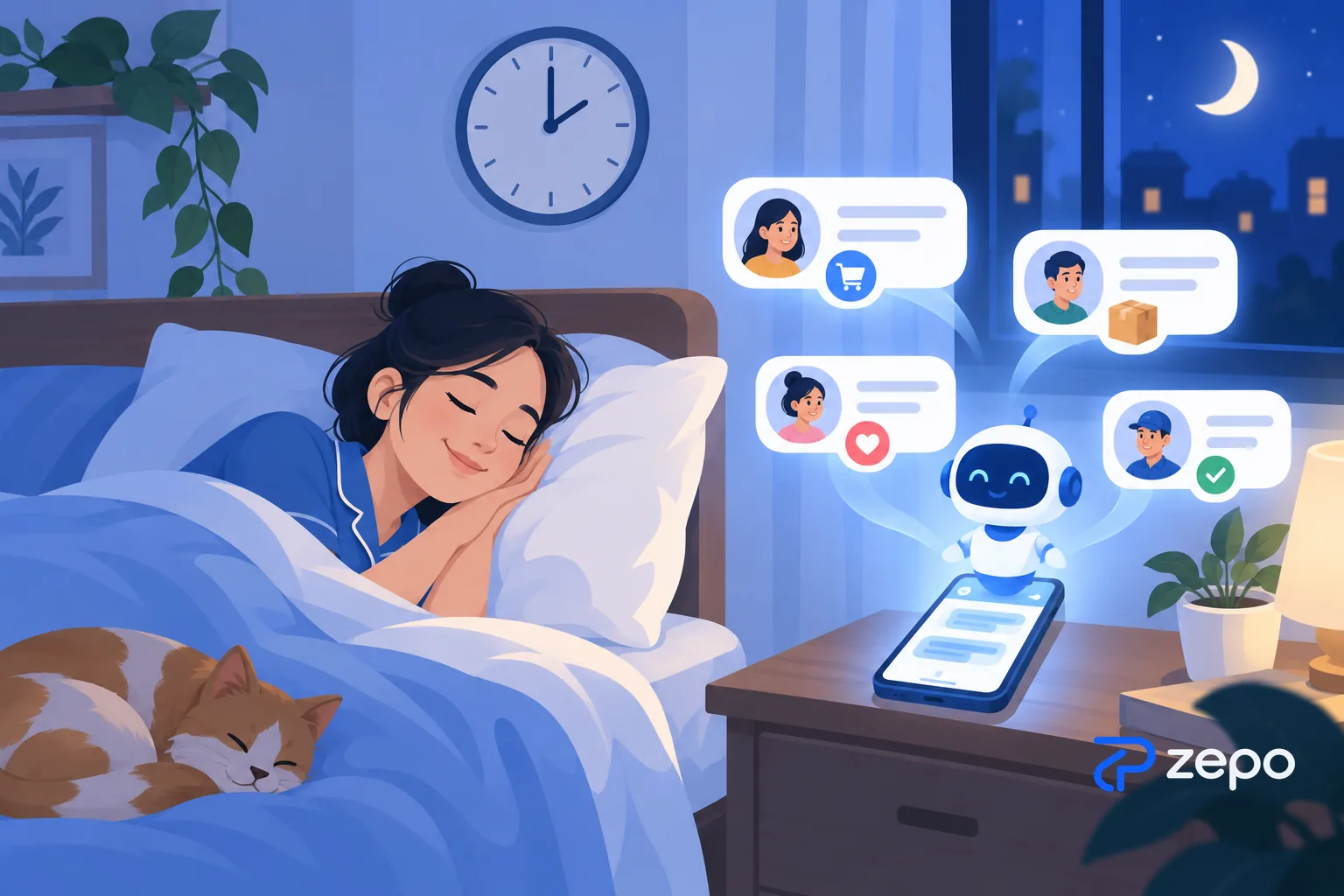 Chủ shop ngủ ngon lúc 2 giờ sáng trong khi trợ lý AI trên điện thoại tự động trả lời tin nhắn khách hàng