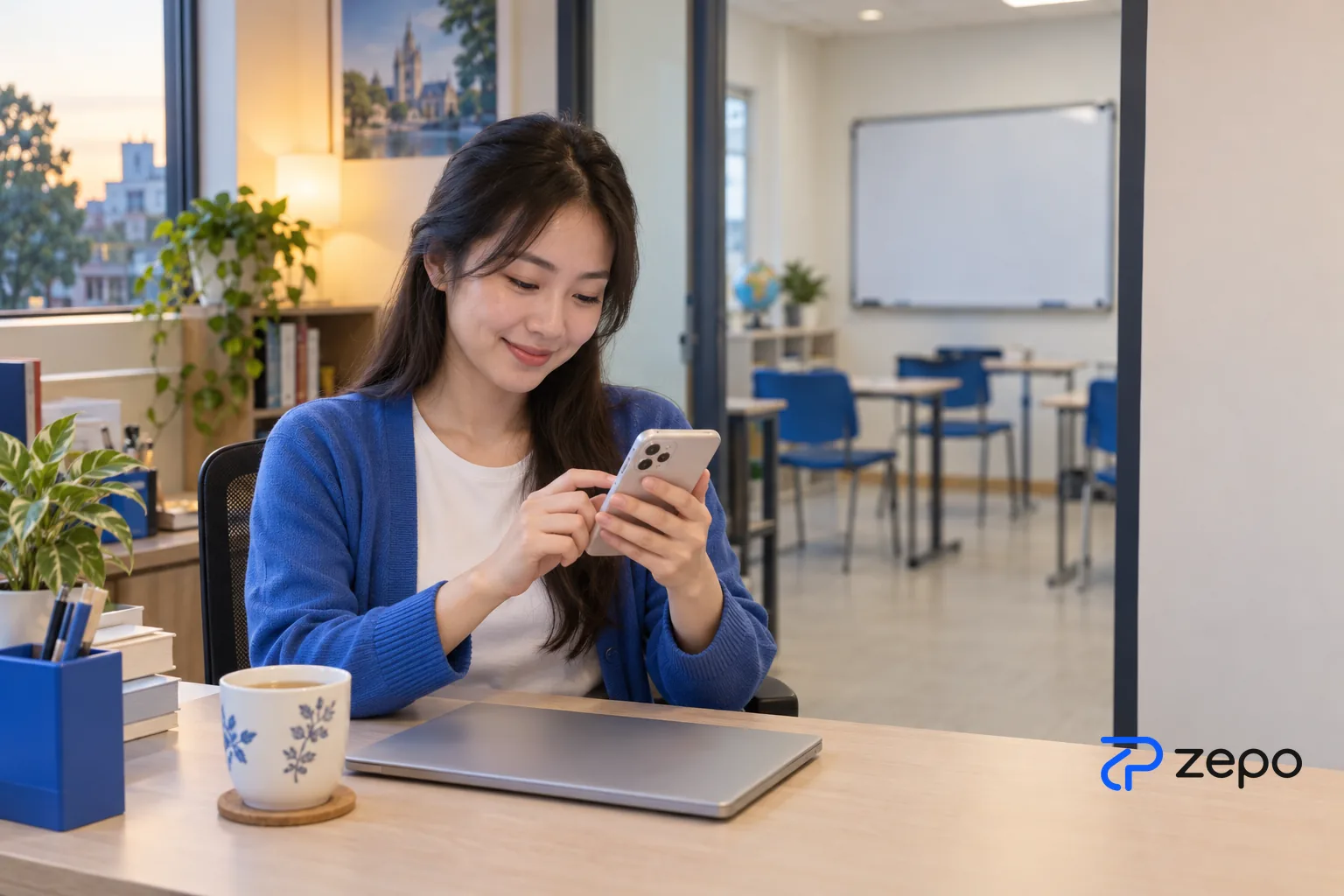 Nhân viên tư vấn tuyển sinh trung tâm ngoại ngữ trả lời tin nhắn phụ huynh trên điện thoại
