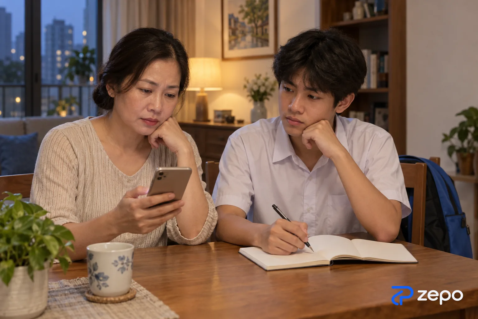 Phụ huynh và con trai học cấp ba cùng đọc tin nhắn trên điện thoại ở bàn ăn tối